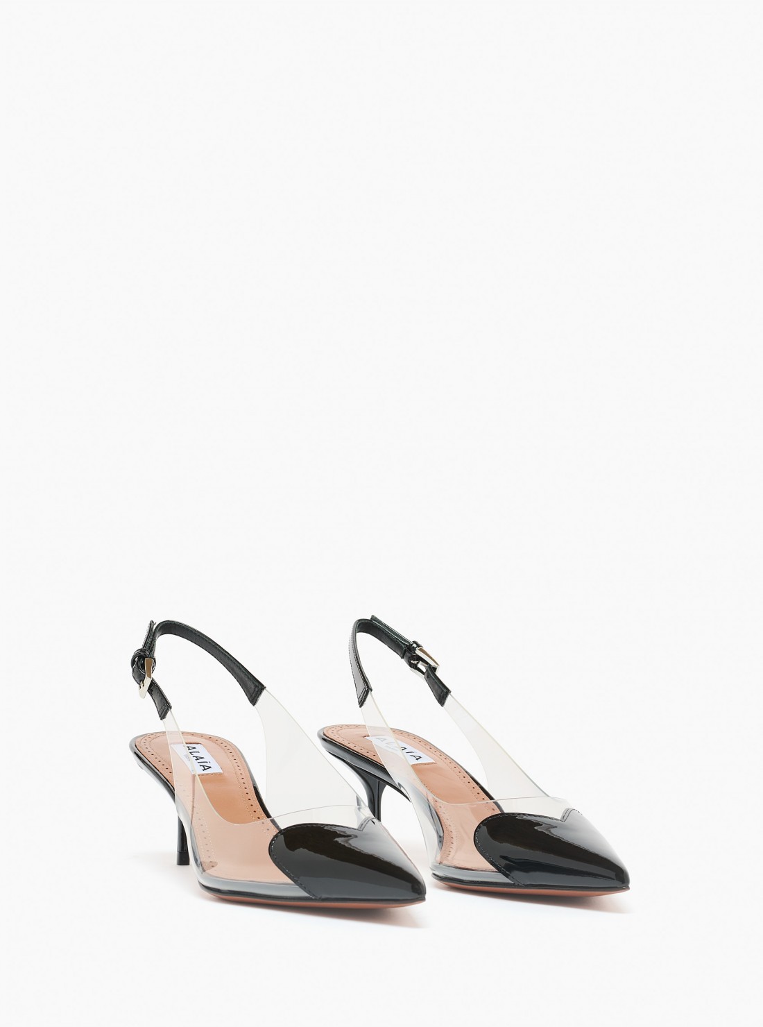 Heart slingbacks in patent lambskin