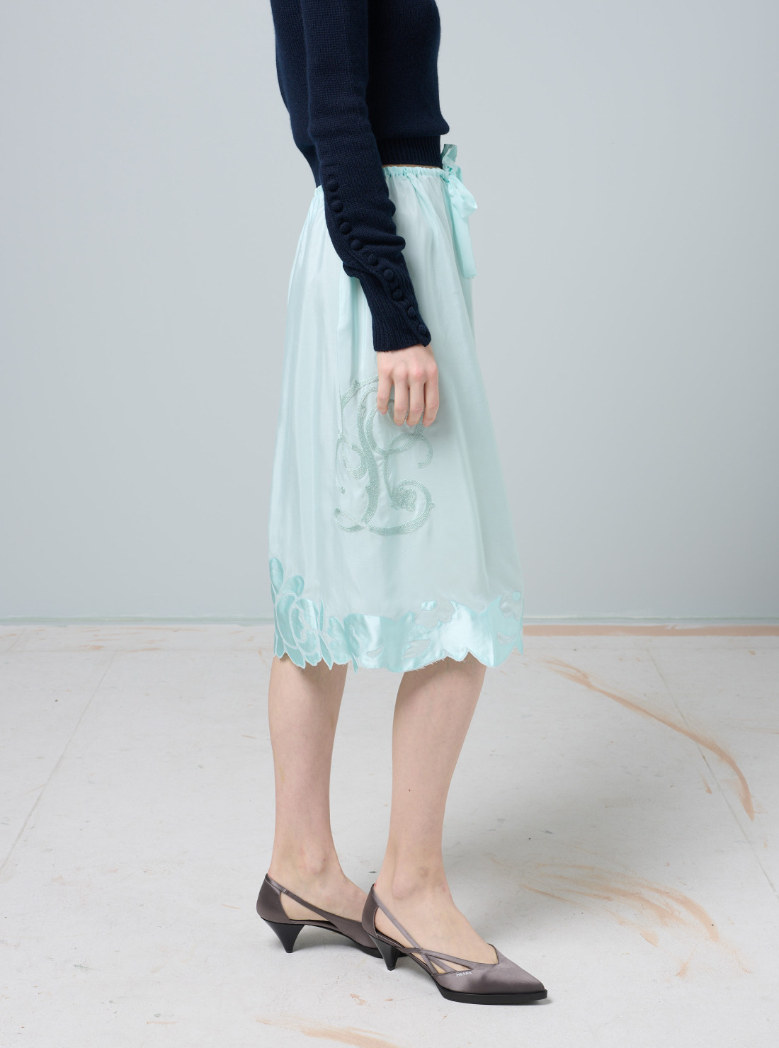 Embroidered silk habutai skirt