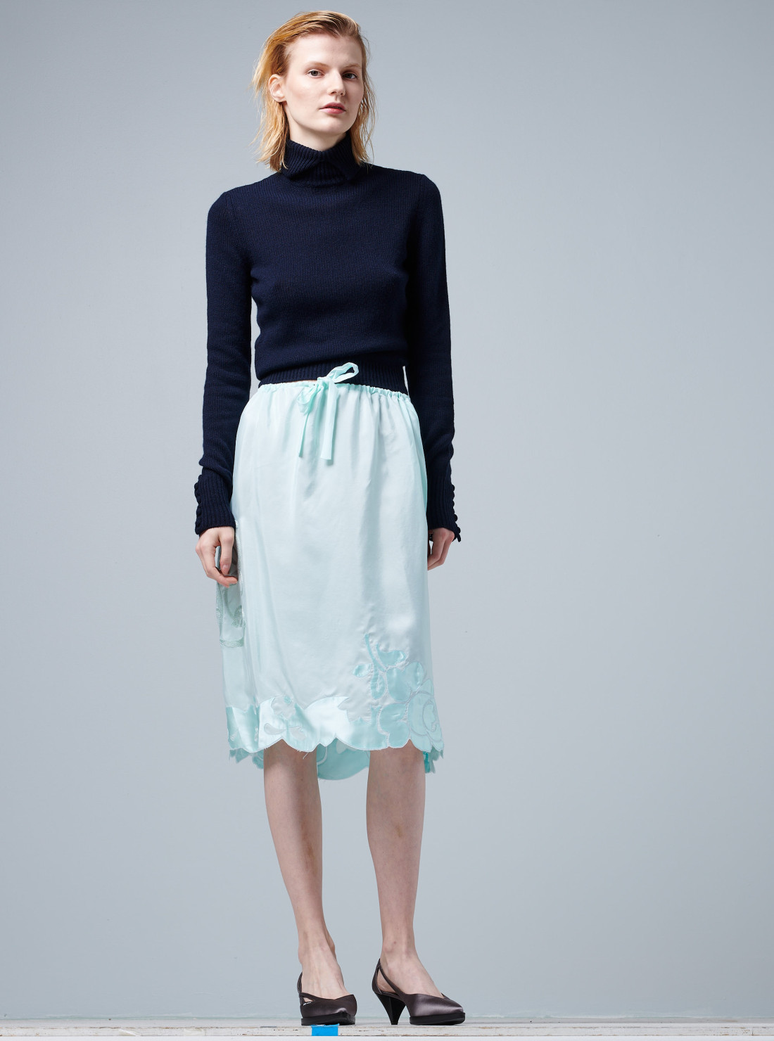 Embroidered silk habutai skirt