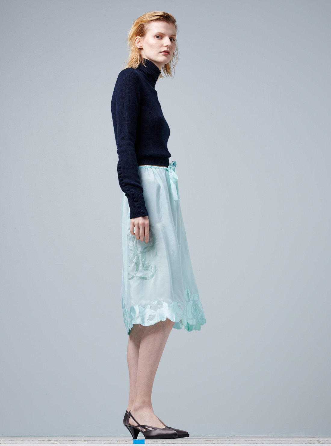 Embroidered silk habutai skirt