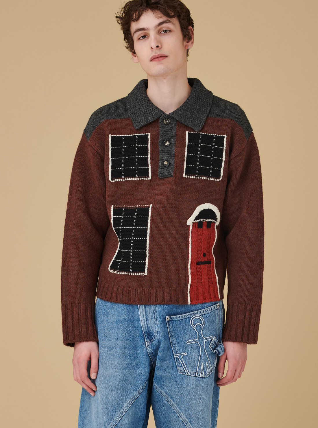 House intarsia polo sweater
