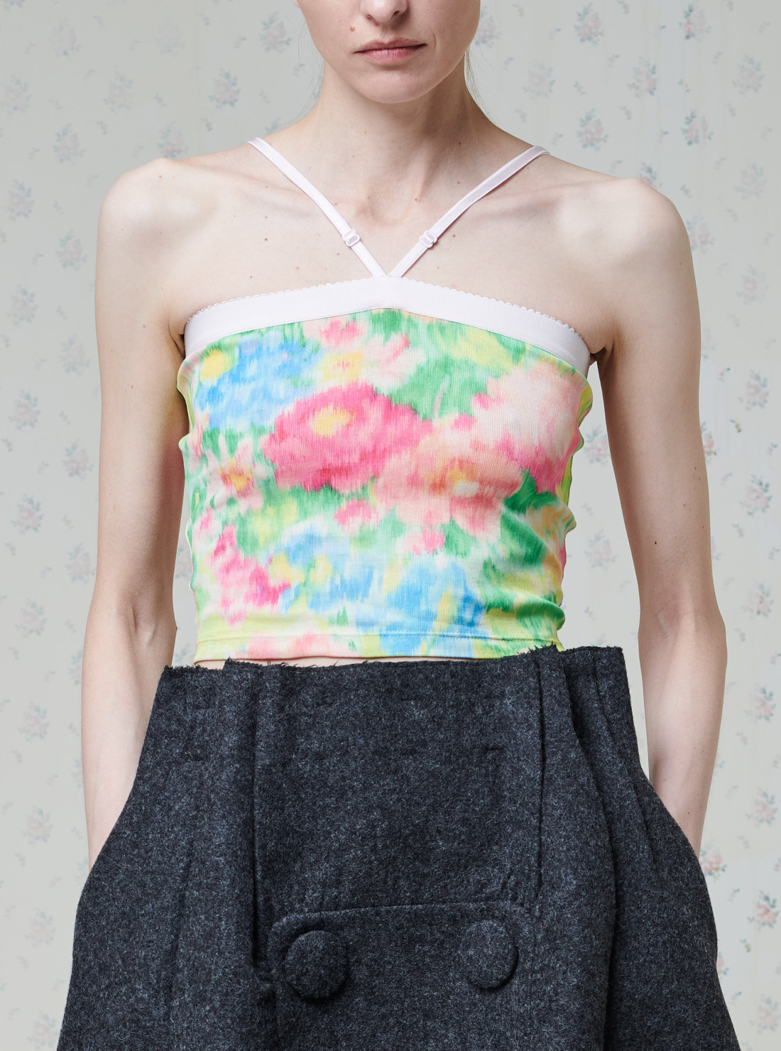 Ribbed knit cotton top with floral print