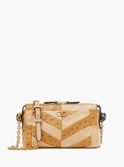 Mini Panthea Bag in Ostrich Leather and Herringbone-Patterned Nappa Leather