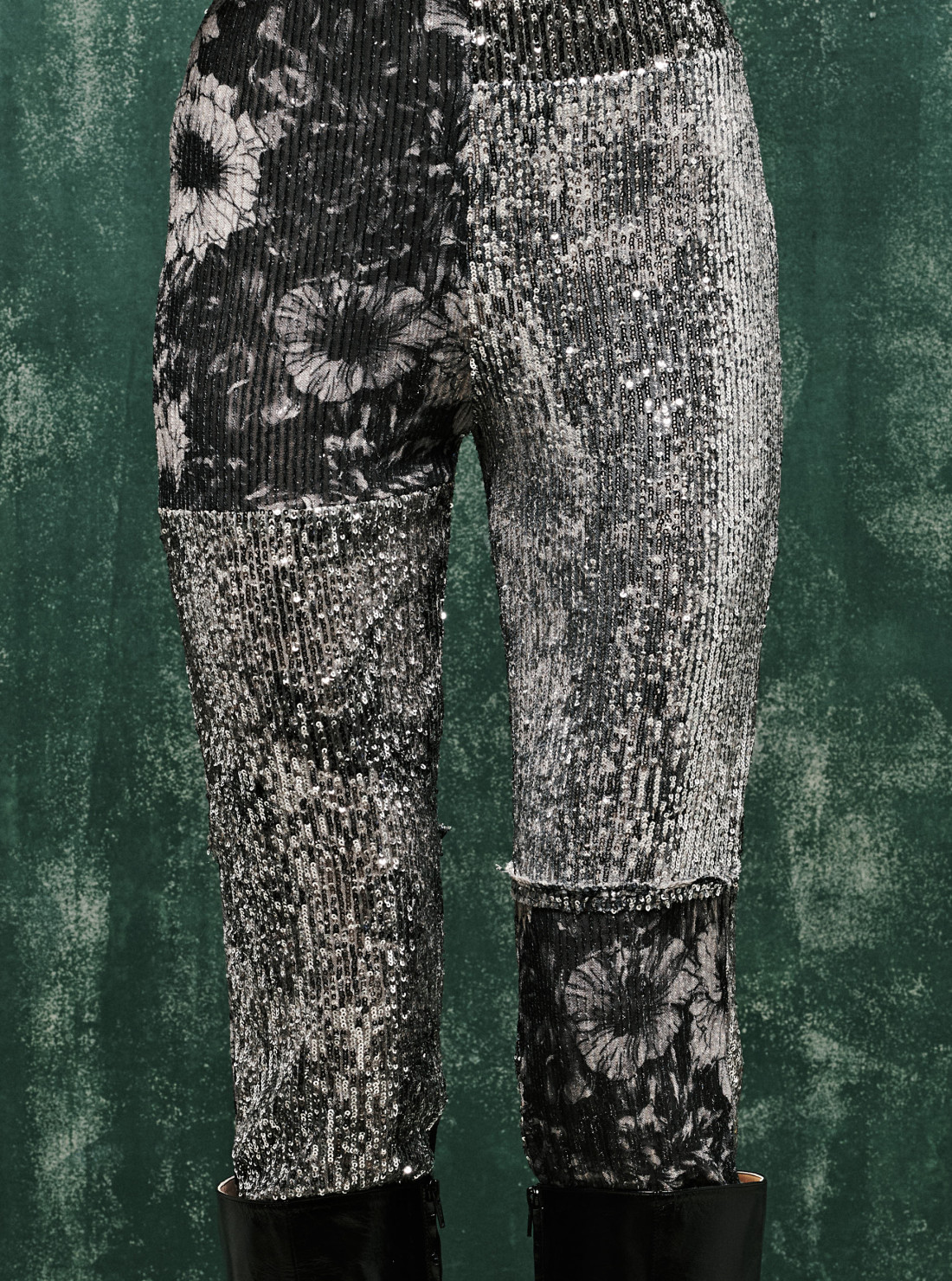 Pantalon patchwork floral à sequins